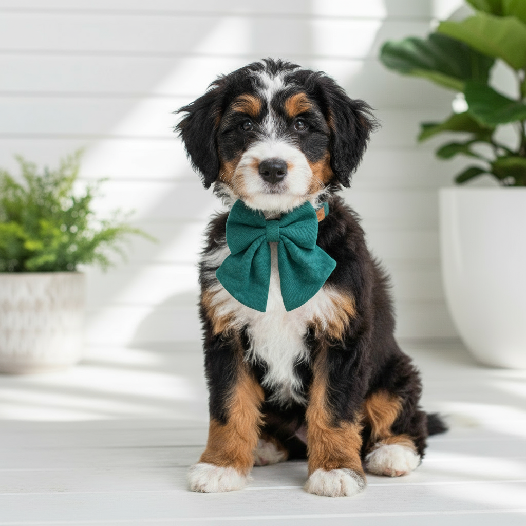 Wag + Tail Emerald Luxe bow tie dog collar in vibrant emerald green for a bold elegant look