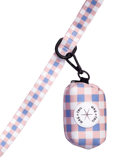 Pink Plaid Dog Bandana, Leash, Waste Bag Holder, and Collar Set by Wag + Tail