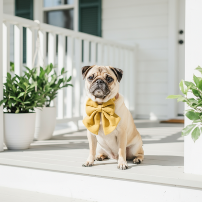 Wag + Tail Desert Paws Luxe bow tie dog collar in warm neutral tones for a stylish everyday look