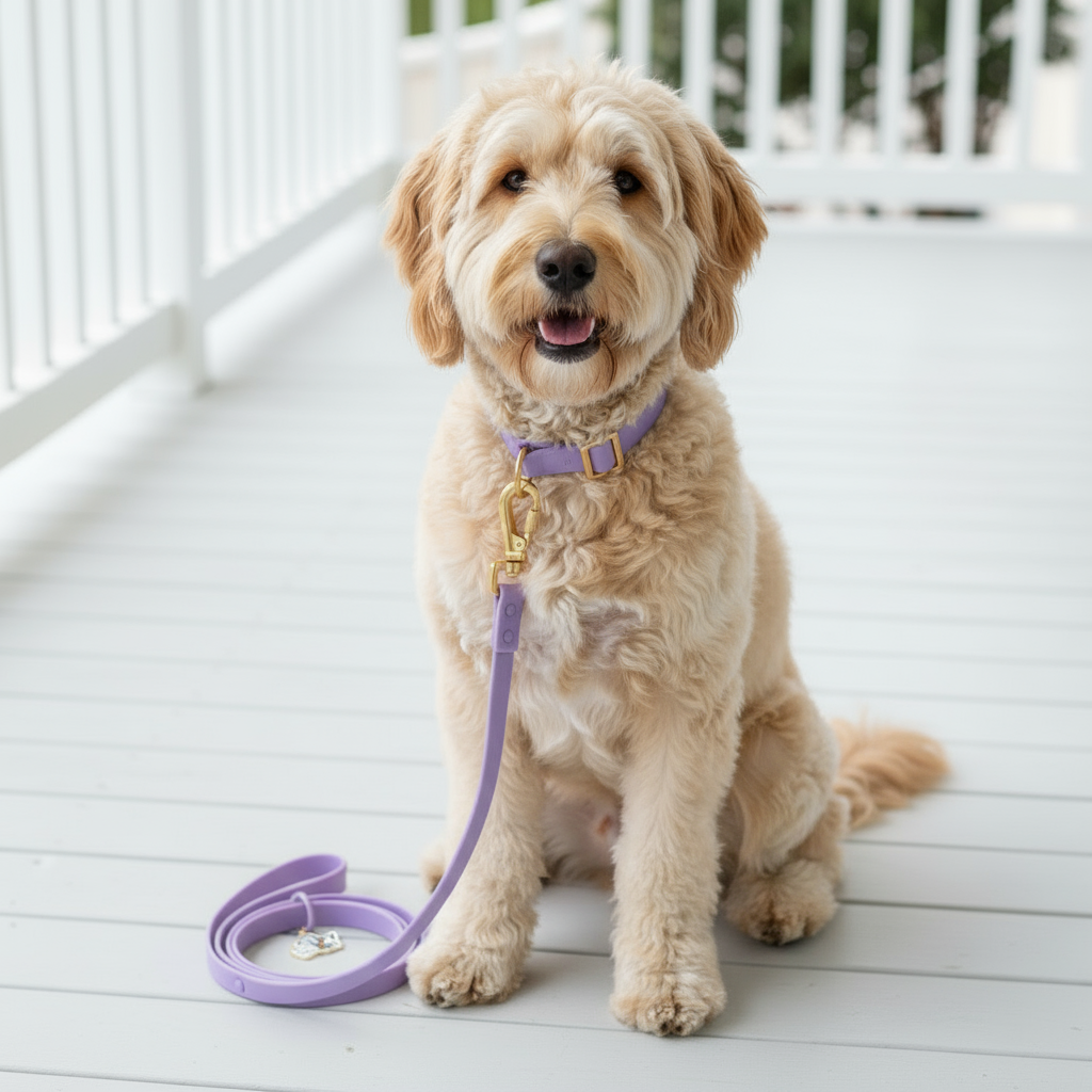 Wag + Tail durable lavender dog leash that resists dirt and moisture with a wipe-clean finish