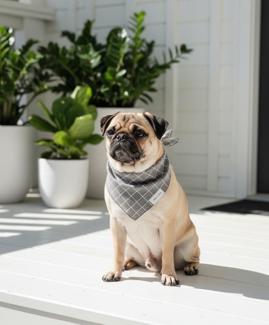 Wag + Tail Midnight Stripe dog scarf tied around a dog’s neck with a sleek dark striped design