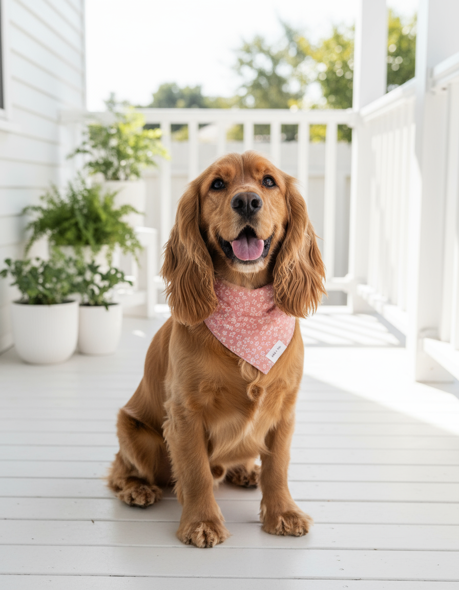 Wag + Tail Rose Garden floral dog scarf tied around a dog’s neck in a soft elegant style