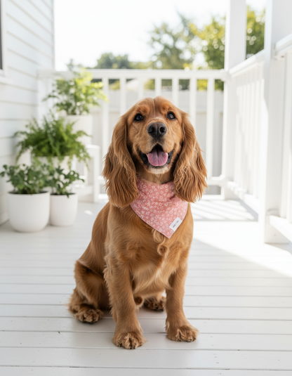Wag + Tail Rose Garden floral dog scarf tied around a dog’s neck in a soft elegant style