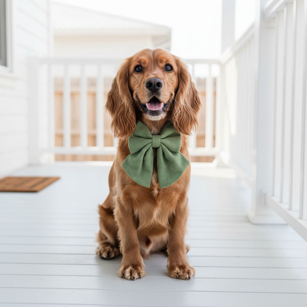Wag + Tail Sage Luxe dog bow tie collar in a soft green tone, styled for elegant everyday wear