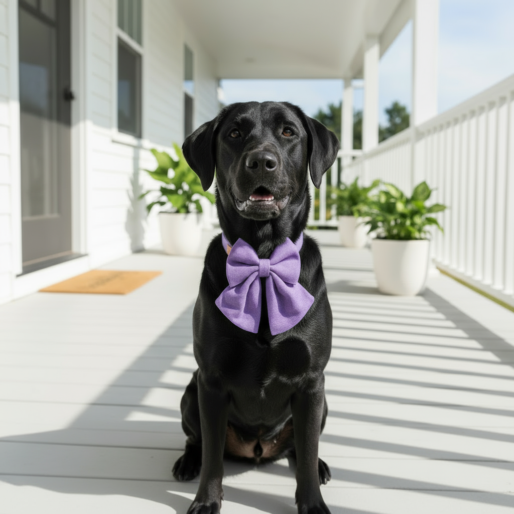 Wag + Tail Sweet Lavender Luxe bow tie dog collar in soft pastel purple for a gentle elegant look