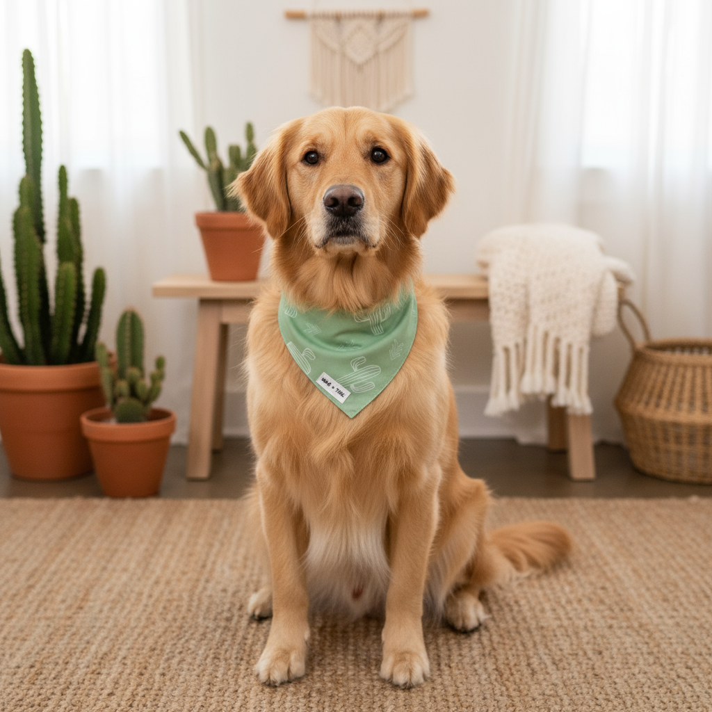 Dog wearing reversible Prickly Paws cactus bandana looking adorable