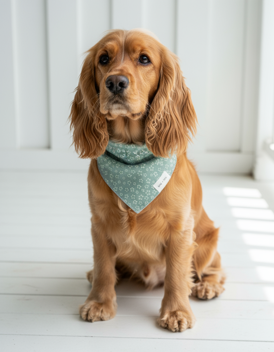 Sage Garden floral dog scarf offering a natural, elegant look for stylish pups