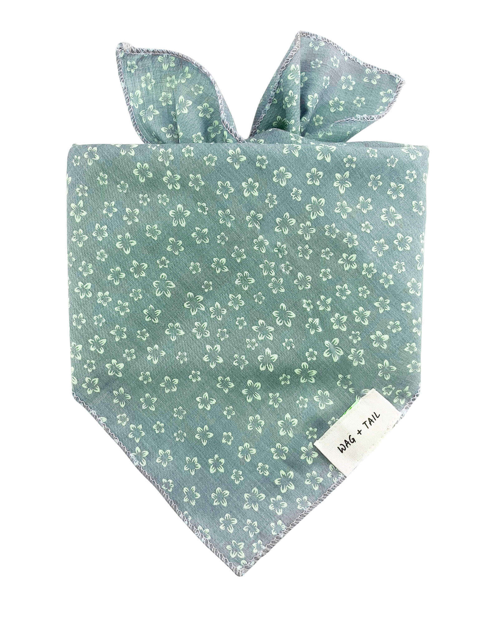 Wag + Tail Sage Garden dog scarf with a soft sage floral pattern tied comfortably around a dog’s neck