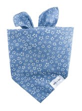 Wag + Tail Blue Blossom dog scarf with a soft blue floral pattern tied around a dog’s neck